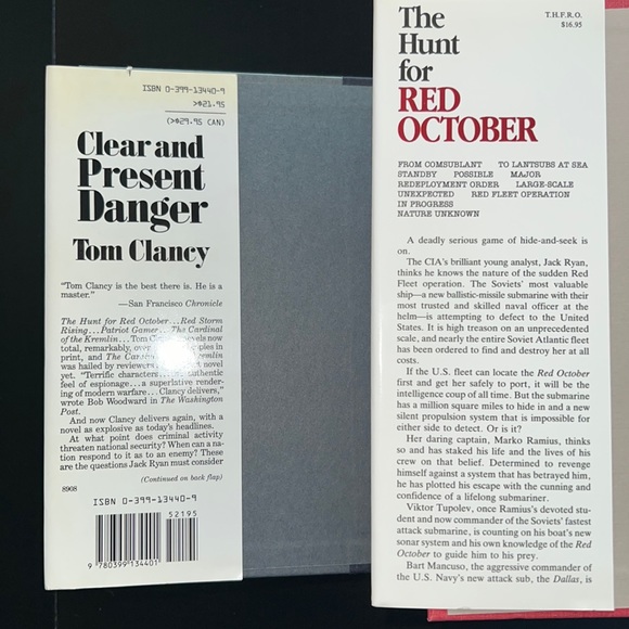 Tom Clancy hardcovers: The Hunt for Red October & Clear and Present Danger - Picture 3 of 14